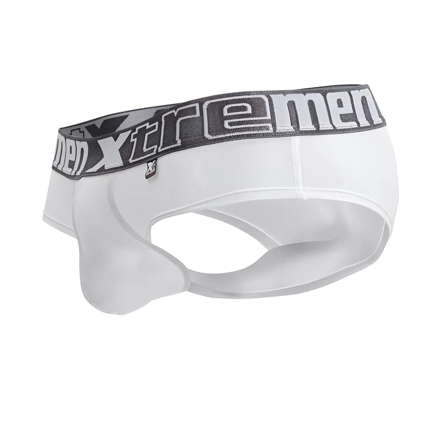 White xtremen 41316 microfiber men’s briefs with gray elastic waistband featuring bold brand name lettering