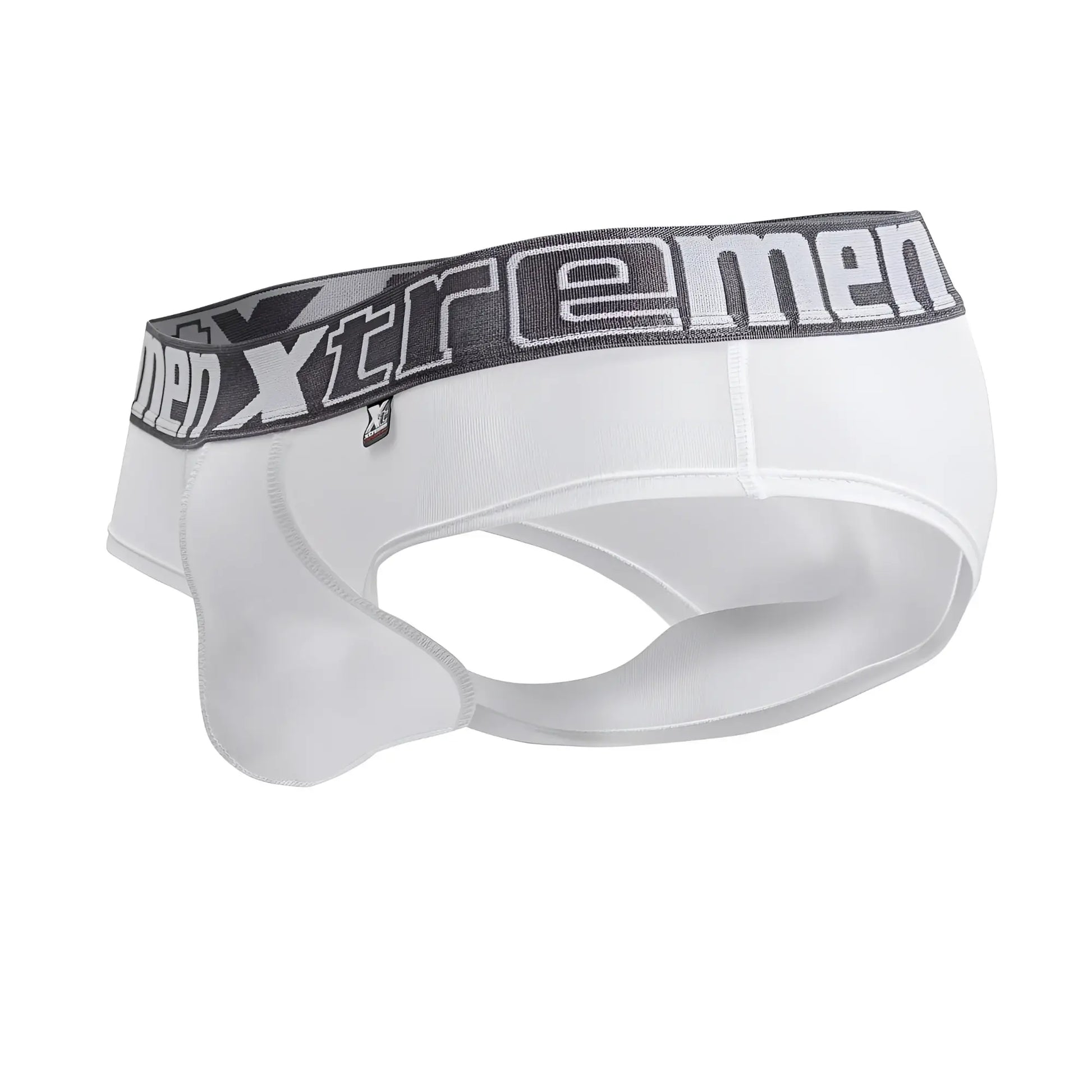 White xtremen 41316 microfiber men’s briefs with gray elastic waistband featuring bold brand name lettering