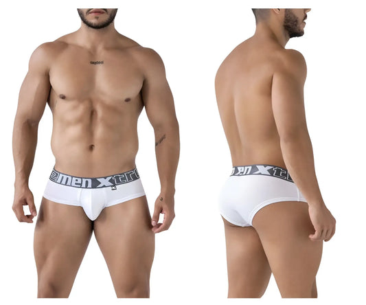White xtremen 41316 microfiber brief with gray elastic waistband featuring xtreme logo front view