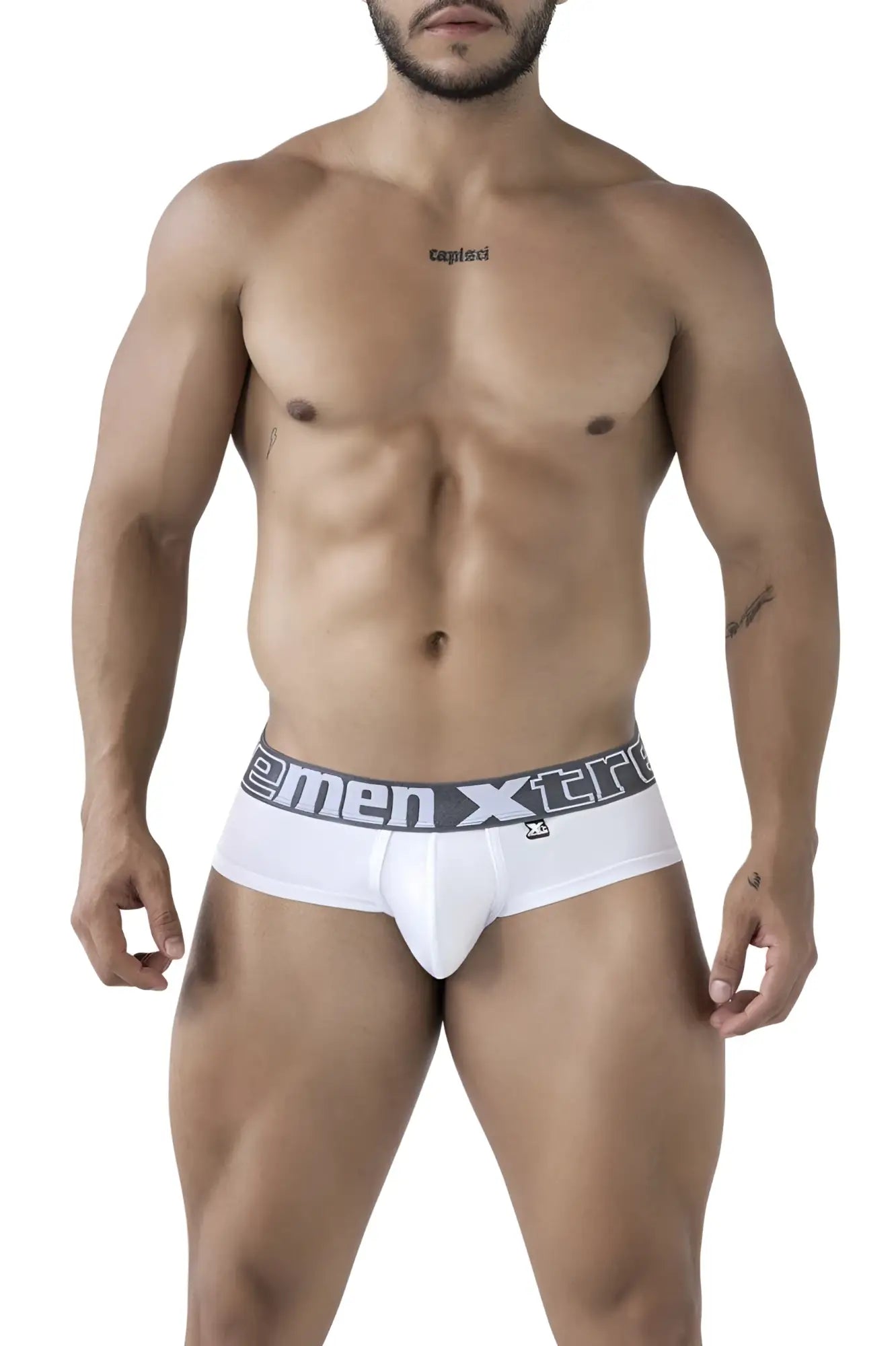White xtremen 41316 microfiber briefs with gray waistband featuring xtreme logo and xc emblem