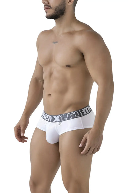 White men xtreme microfiber briefs with gray waistband and black logo for comfortable everyday wear
