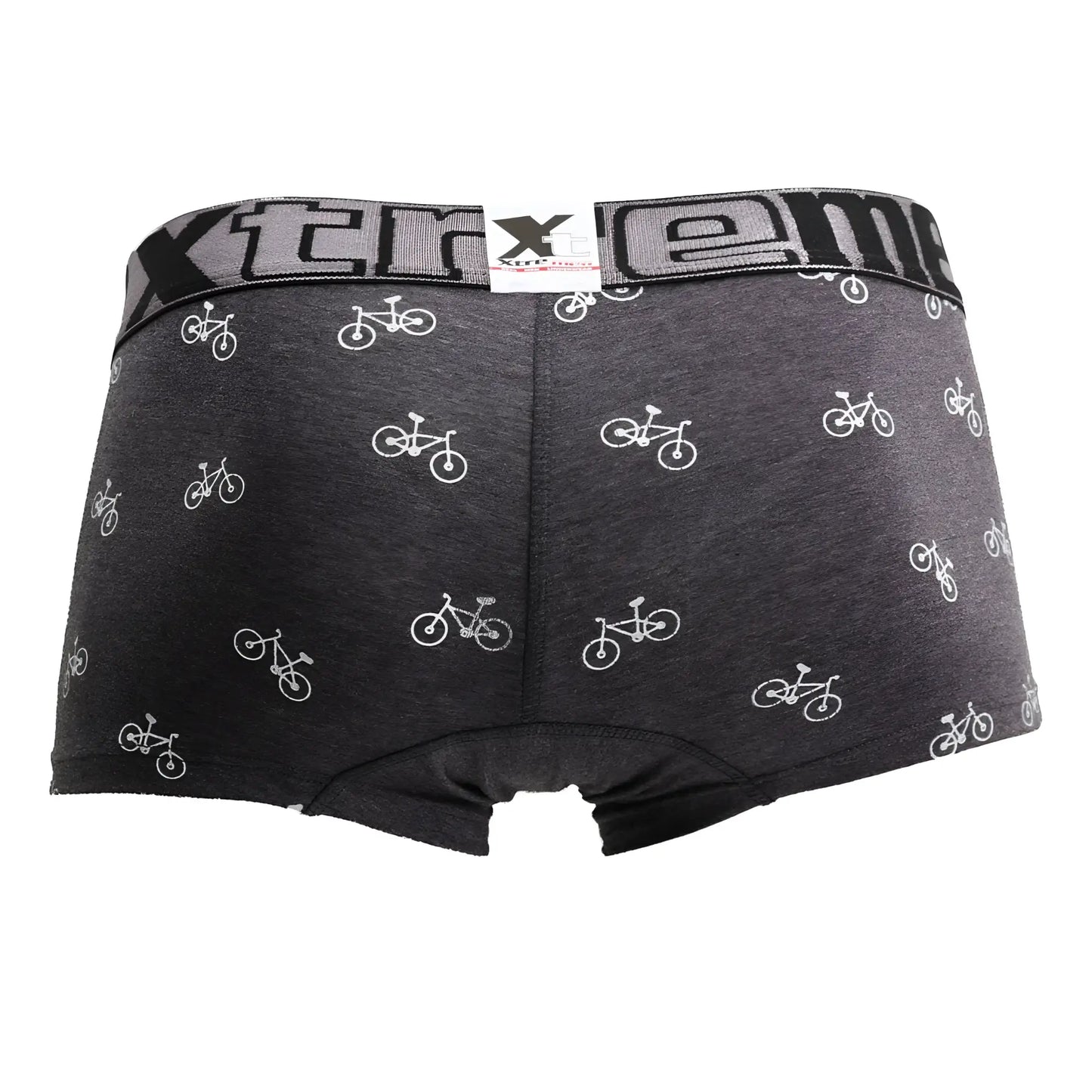 Dark gray Xtremen 51437C men’s boxer briefs with white bicycle print and elastic waistband featuring xtreme logo