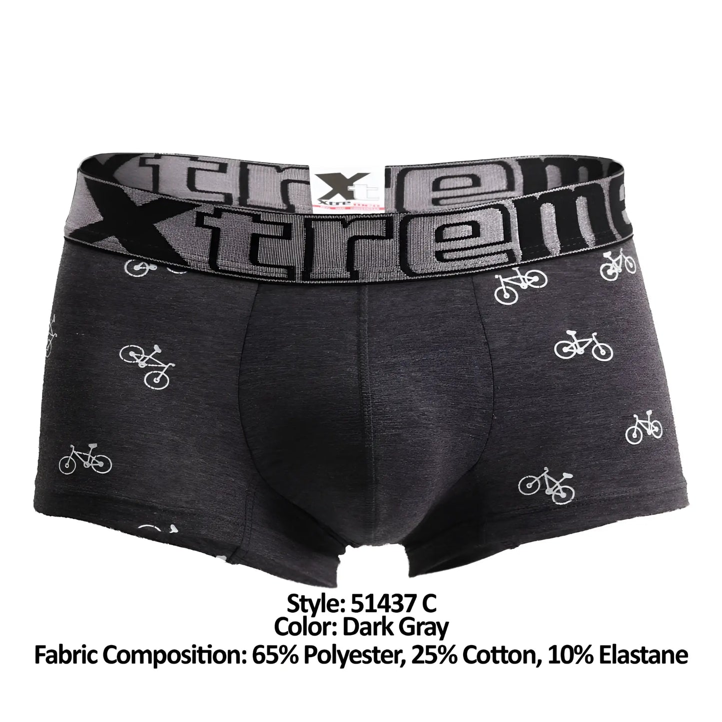 Dark gray xtremen 51437c men’s boxer briefs with white bicycle pattern and elastic waistband with xtreme logo