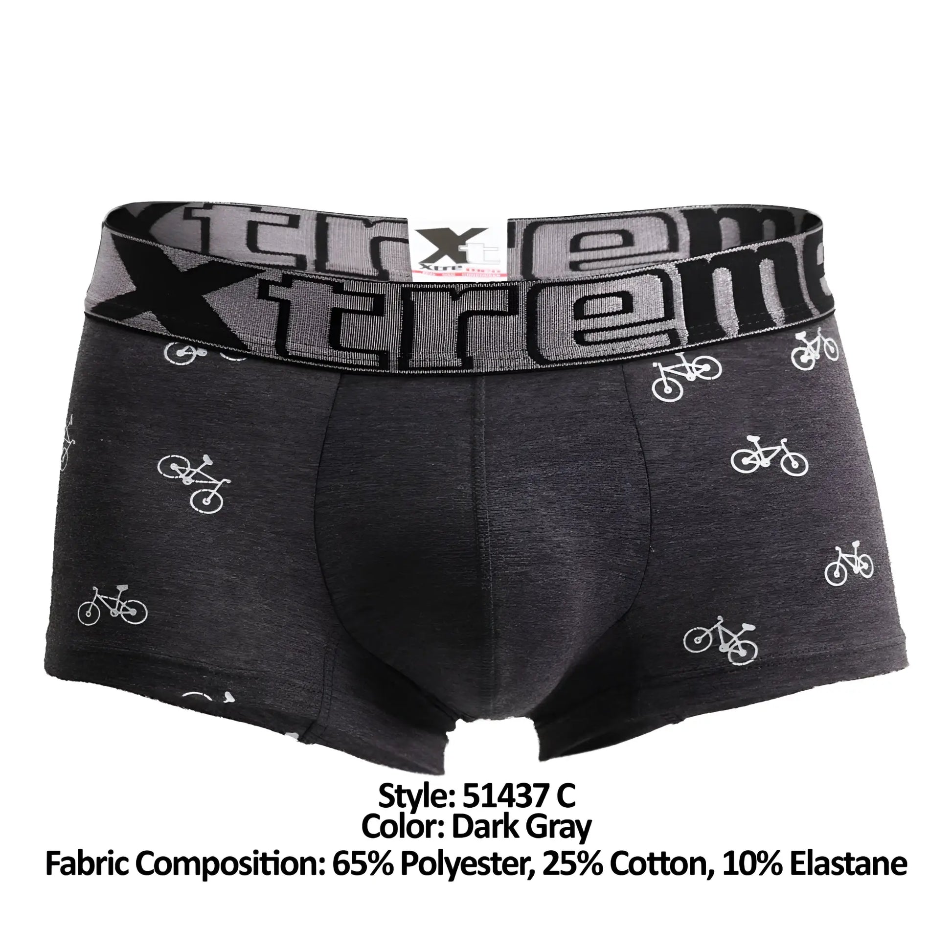 Dark gray xtremen 51437c men’s boxer briefs with white bicycle pattern and elastic waistband with xtreme logo