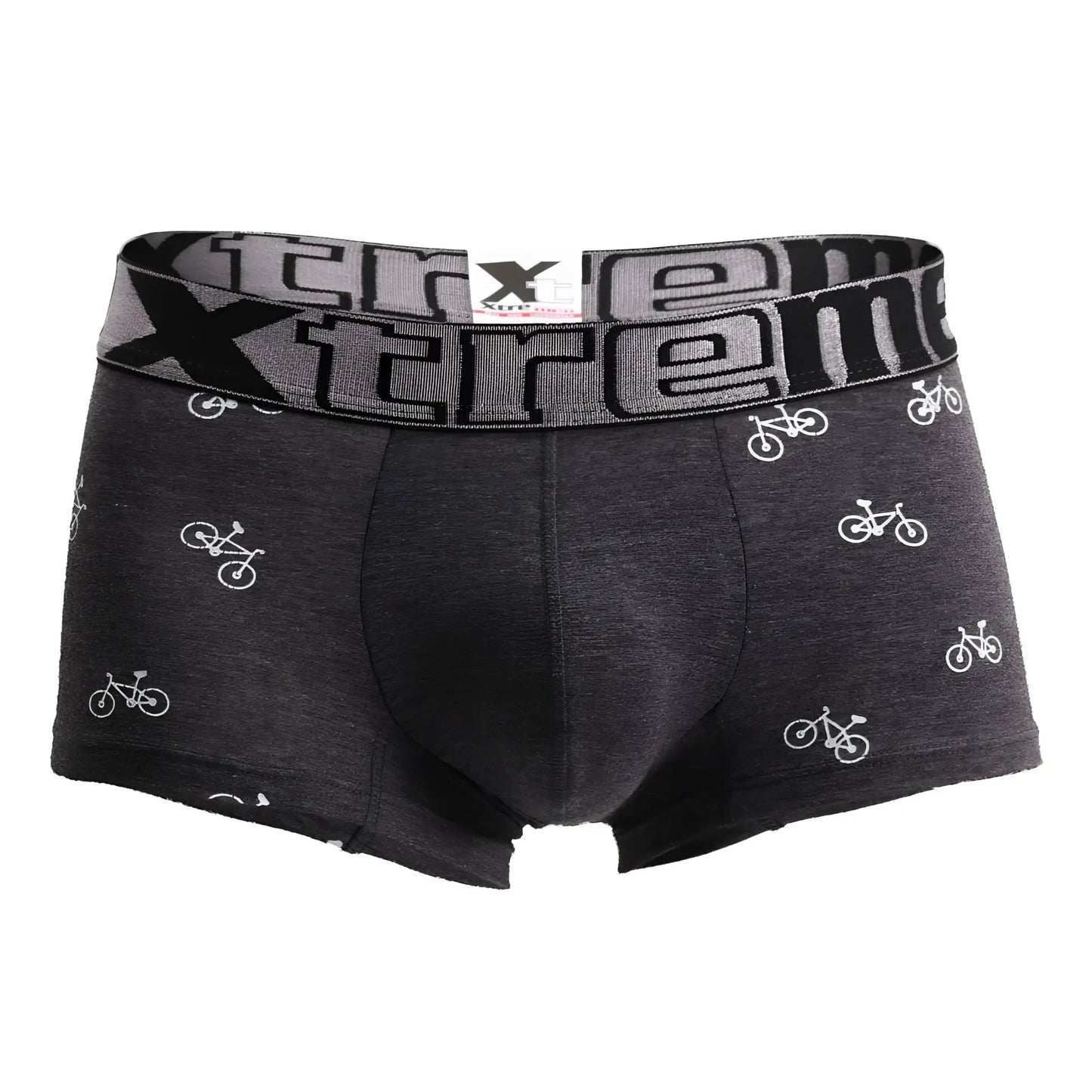 Dark gray xtremen 51437c men’s boxer briefs with white bicycle pattern and elastic waistband for cycling comfort