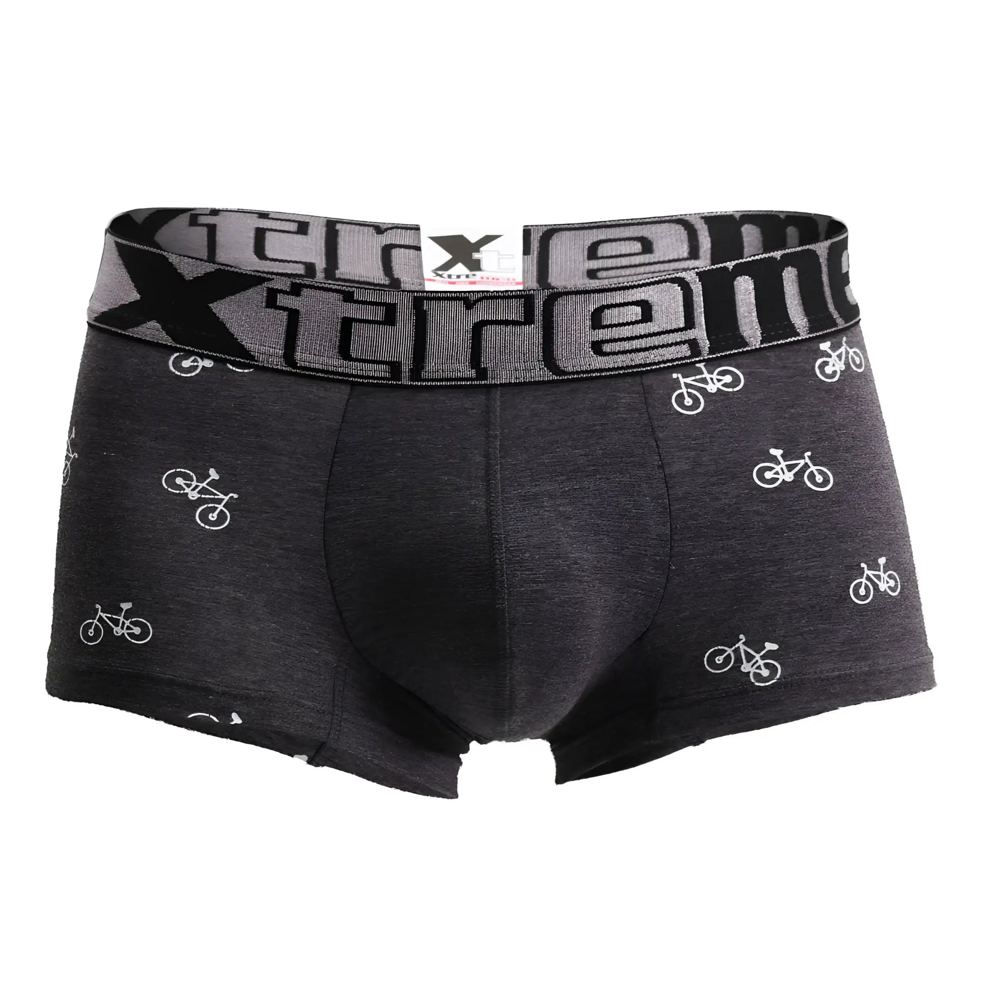 Dark gray xtremen 51437c men’s boxer briefs with white bicycle pattern and elastic waistband for cycling comfort