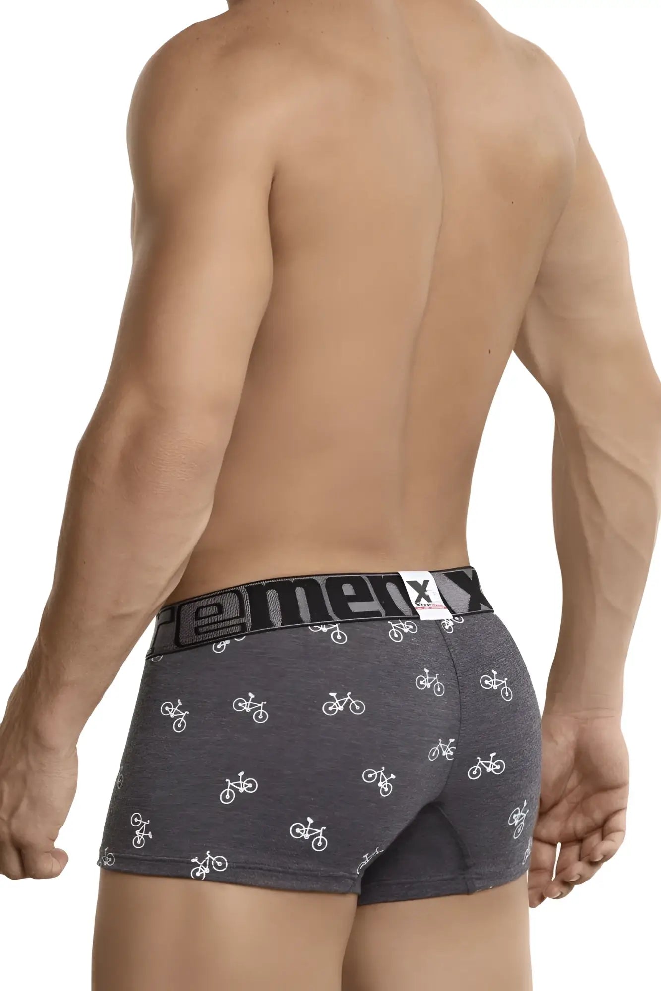 Dark gray xtremen 51437c cycling print men’s boxer briefs with white bicycle pattern and black cemex waistband