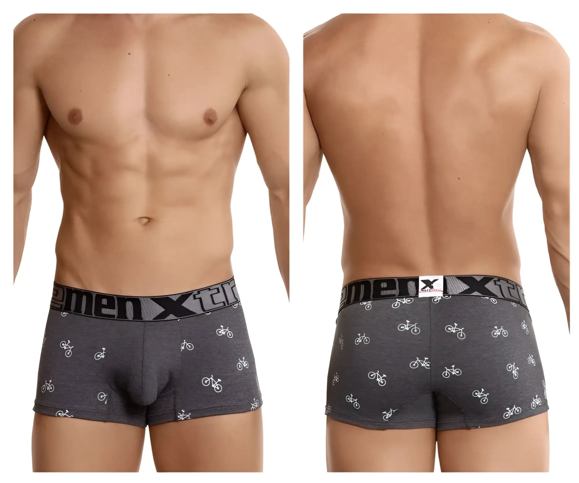 Xtremen 51437C dark gray men’s boxer briefs with white bicycle pattern and menx logo elastic waistband