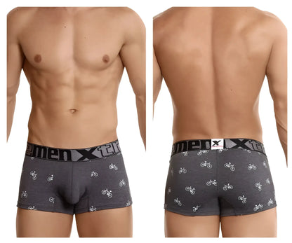 Xtremen 51437C dark gray men’s boxer briefs with white bicycle pattern and menx logo elastic waistband