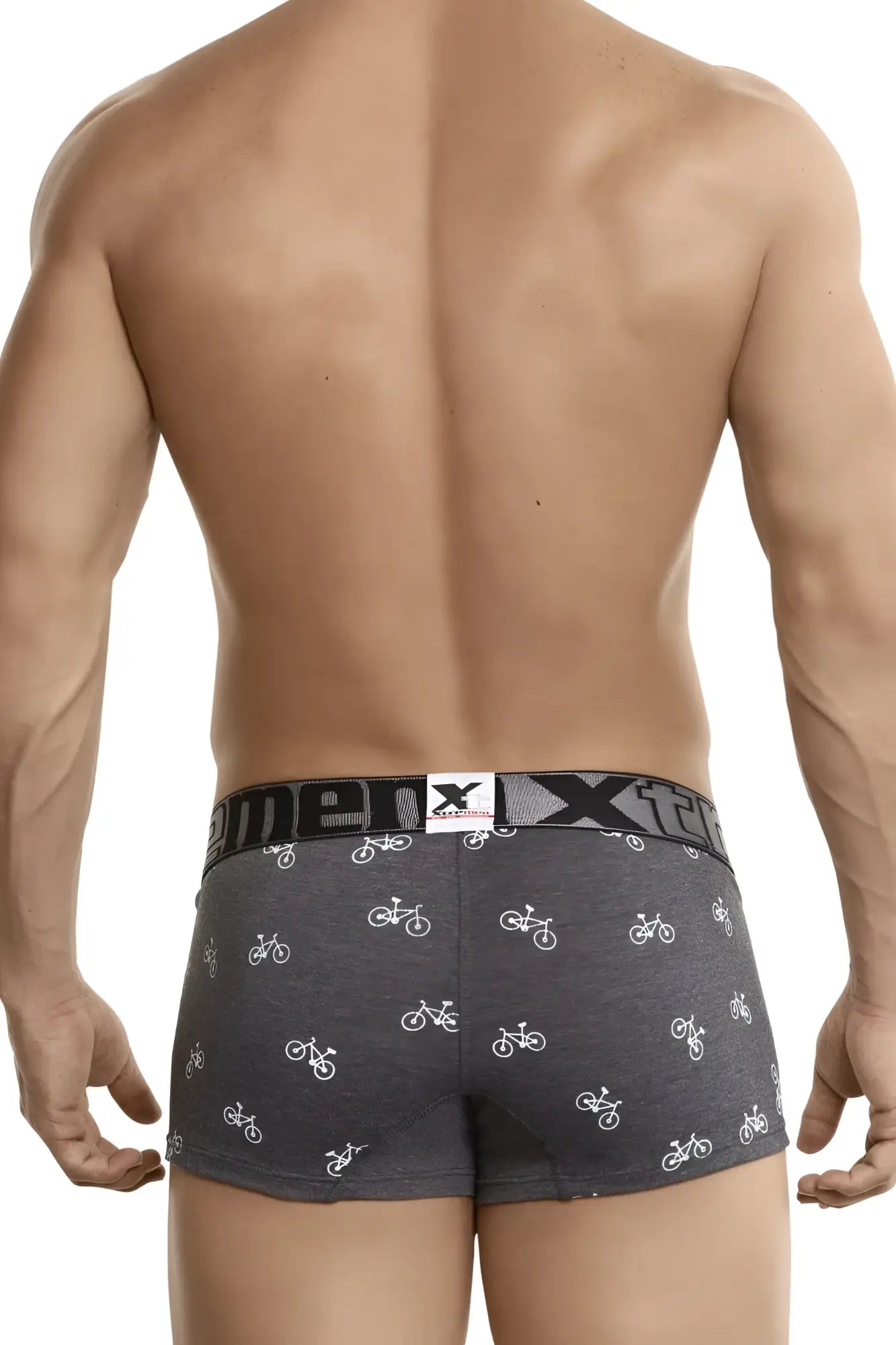Dark gray xtremen 51437c men’s boxer briefs with white bicycle print and elastic waistband for cycling comfort