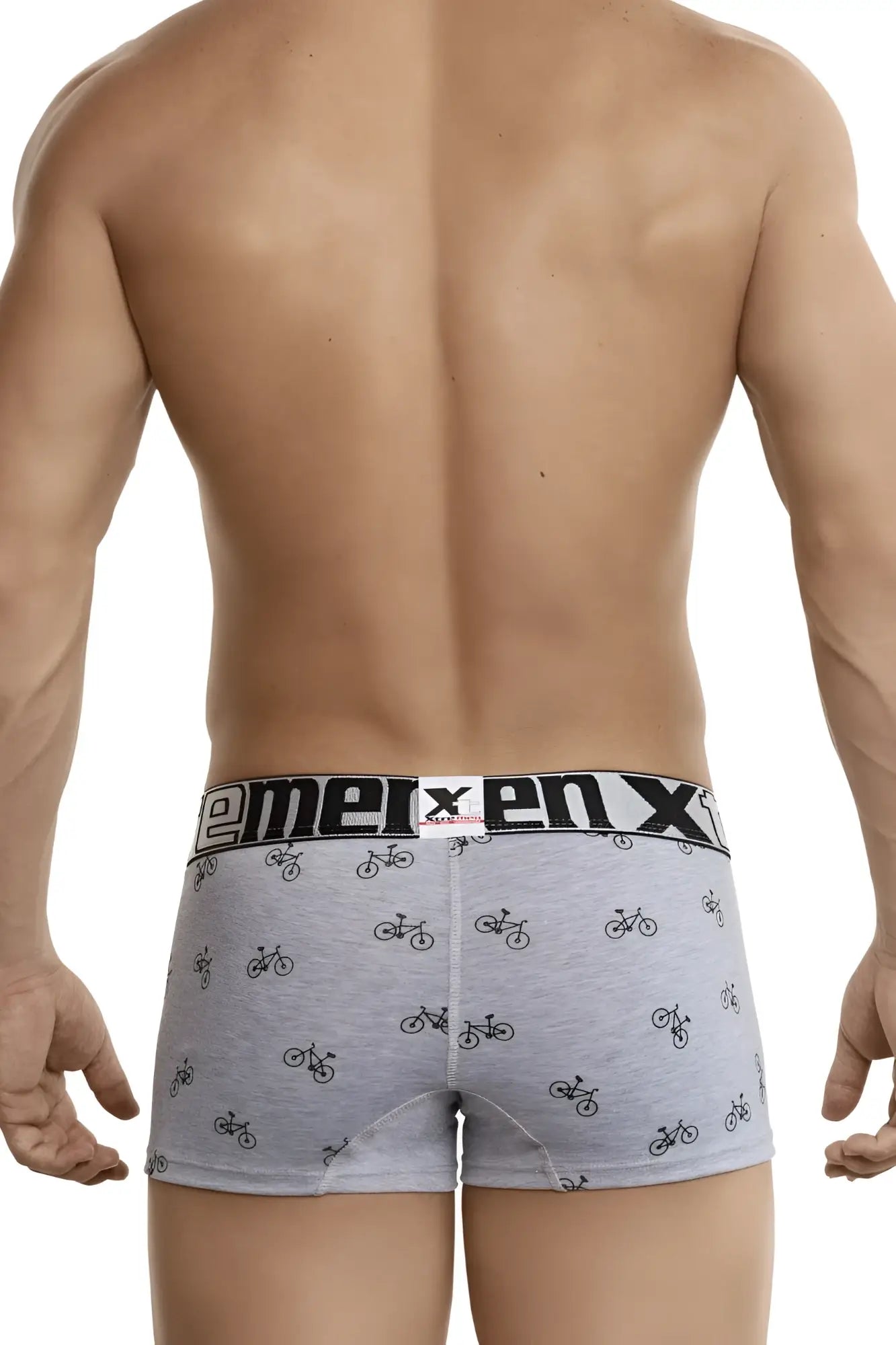 Light gray xtremen 51437c cycling print boxer briefs with black bicycle pattern and branded elastic waistband
