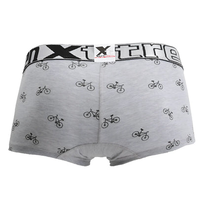 Gray xtremen 51437c boxer briefs with black bicycle print and elastic waistband for cycling in light gray color