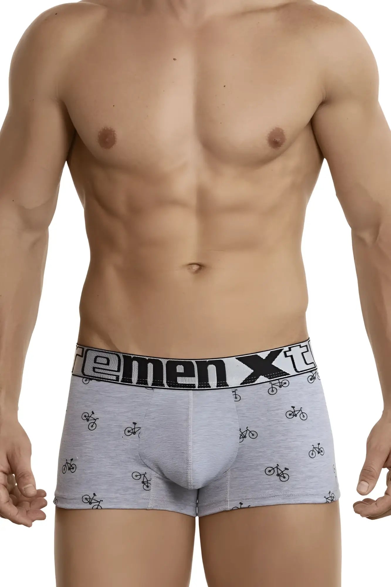 Light gray xtremen 51437c men’s boxer briefs with black bicycle print and remenxt branded waistband