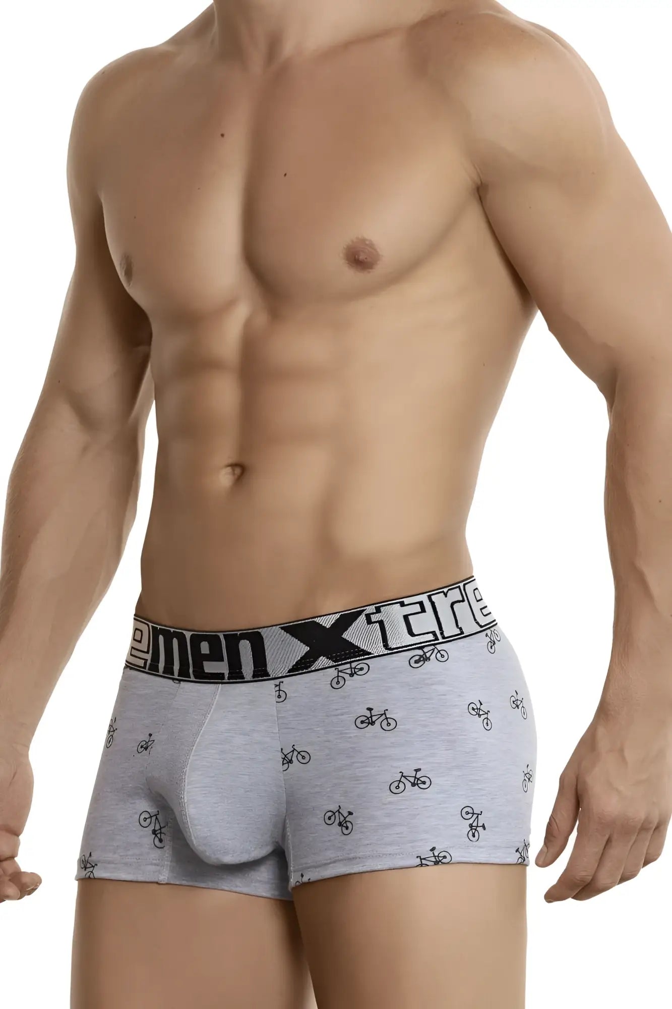 Gray Xtremen 51437C boxer briefs with black bicycle print and elastic waistband for cycling comfort