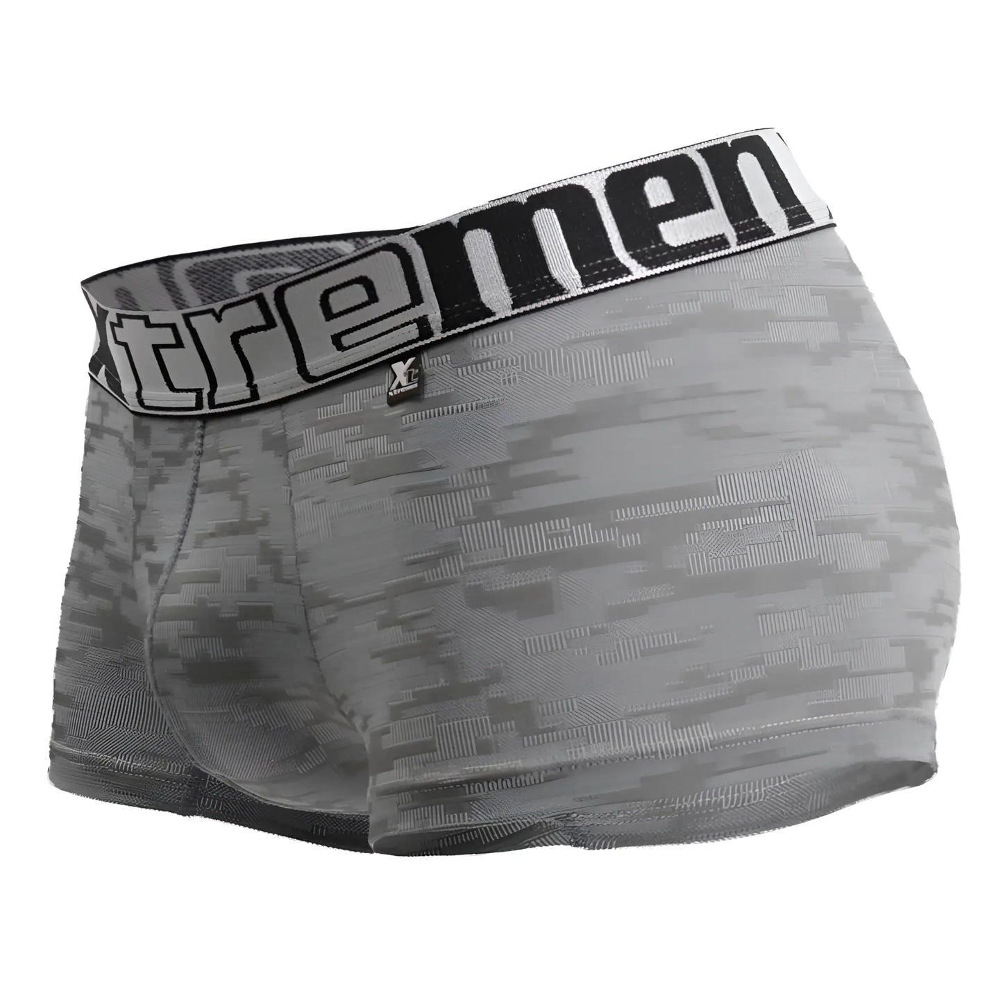 Gray xtremen 51443c jacquard camouflage boxer briefs with digital camo pattern and black and white waistband