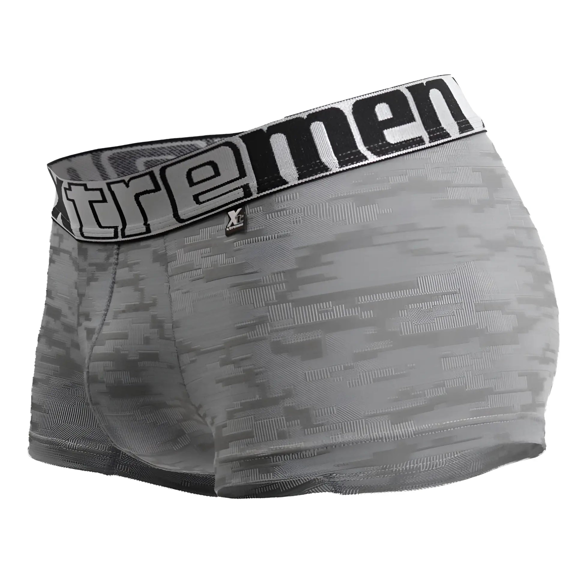 Gray xtremen 51443c jacquard camouflage boxer briefs with digital camo pattern and black and white waistband