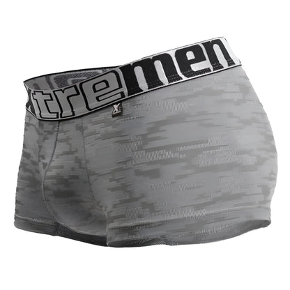 Gray xtremen 51443c jacquard camouflage boxer briefs with digital camo pattern and black and white waistband