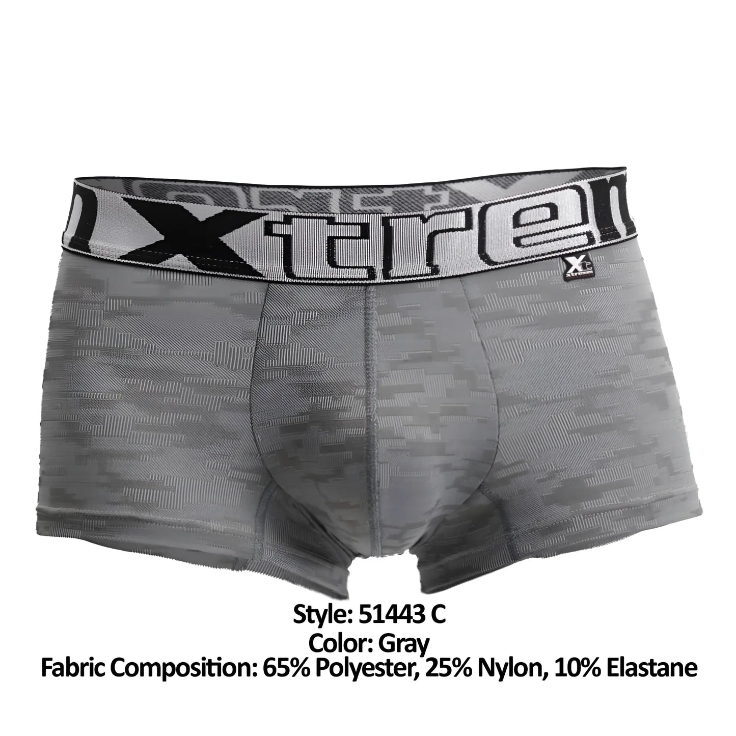 Gray xtremen 51443c jacquard camouflage boxer briefs with black and white branded waistband front view