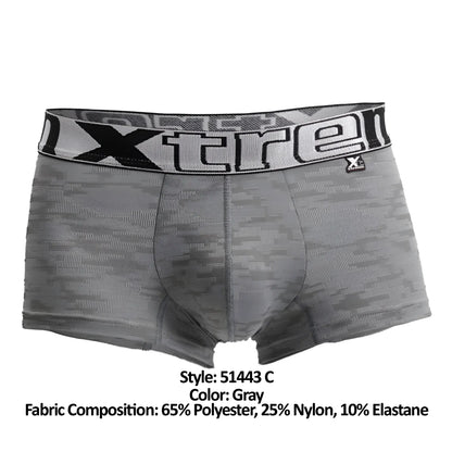Gray xtremen 51443c jacquard camouflage boxer briefs with black and white branded waistband front view