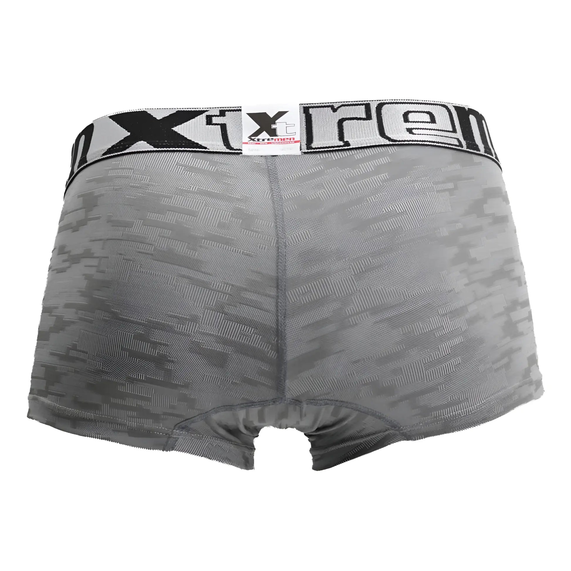 Gray xtremen jacquard camouflage boxer briefs with black and white elastic waistband featuring the xtreme logo