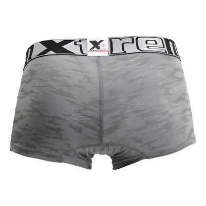 Gray xtremen jacquard camouflage boxer briefs with black and white elastic waistband featuring the xtreme logo