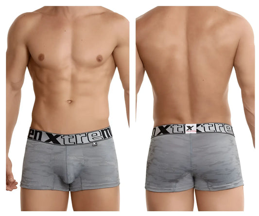 Gray xtremen 51443c jacquard camouflage boxer briefs with black waistband and white xtreme branding