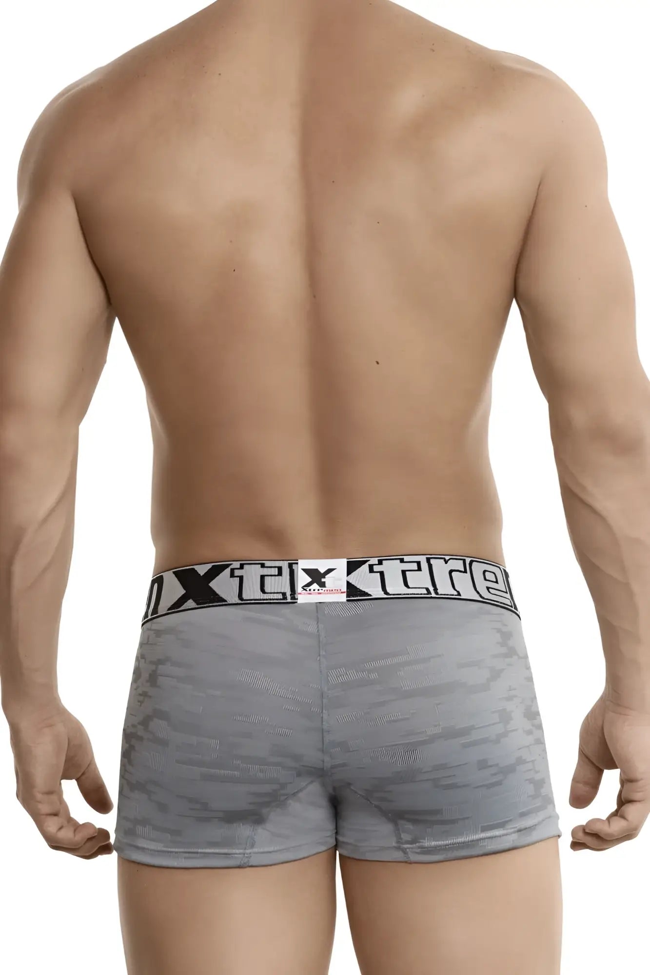 Gray jacquard camouflage men’s boxer briefs with a black and white elastic waistband featuring the xtreme logo