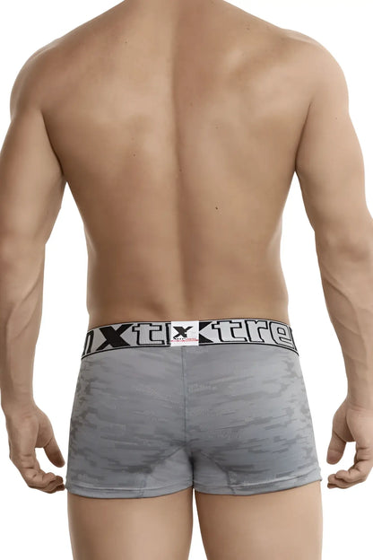 Gray jacquard camouflage men’s boxer briefs with a black and white elastic waistband featuring the xtreme logo