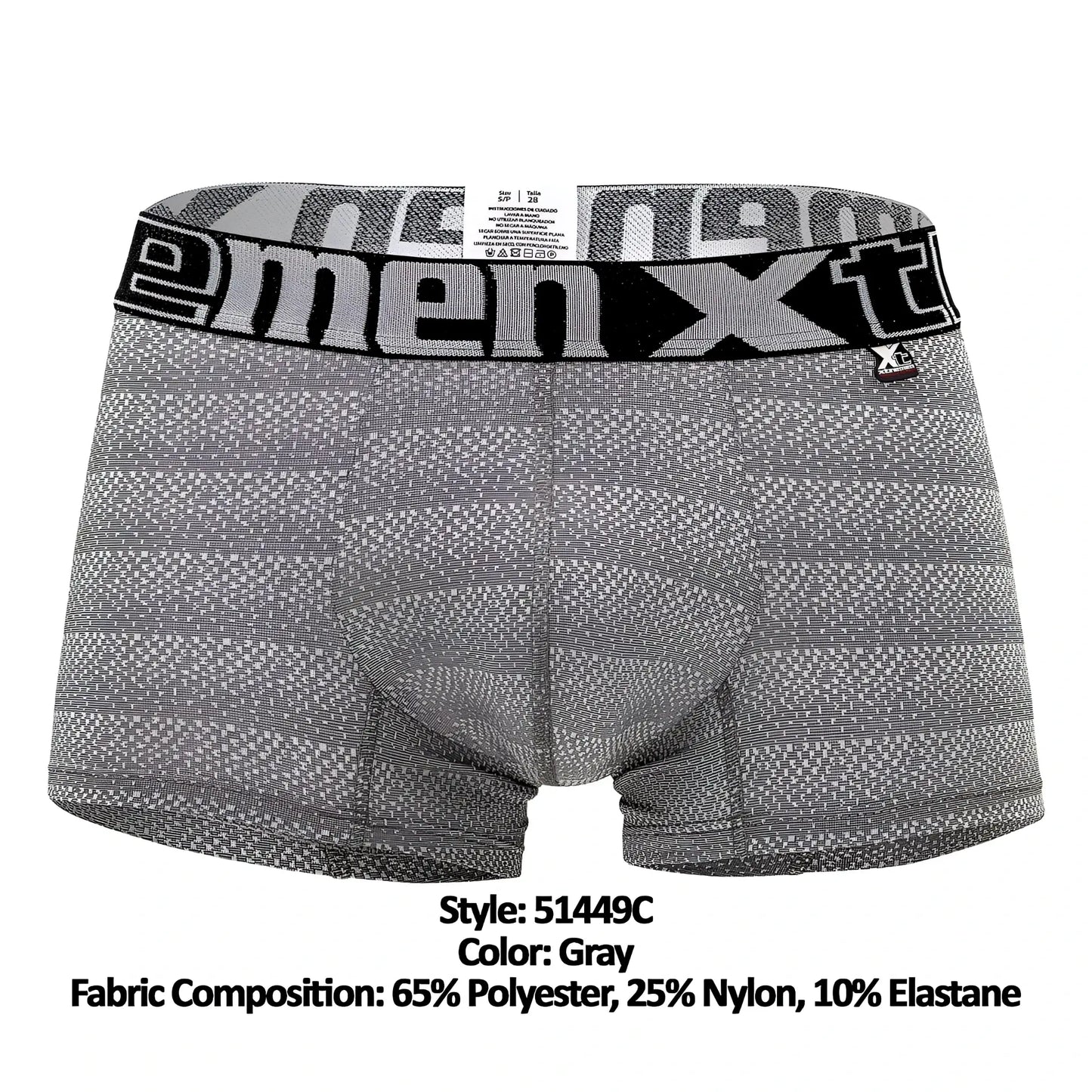 Gray xtremen 51449c geometric jacquard men’s boxer briefs with black and white patterned waistband and menxt logo