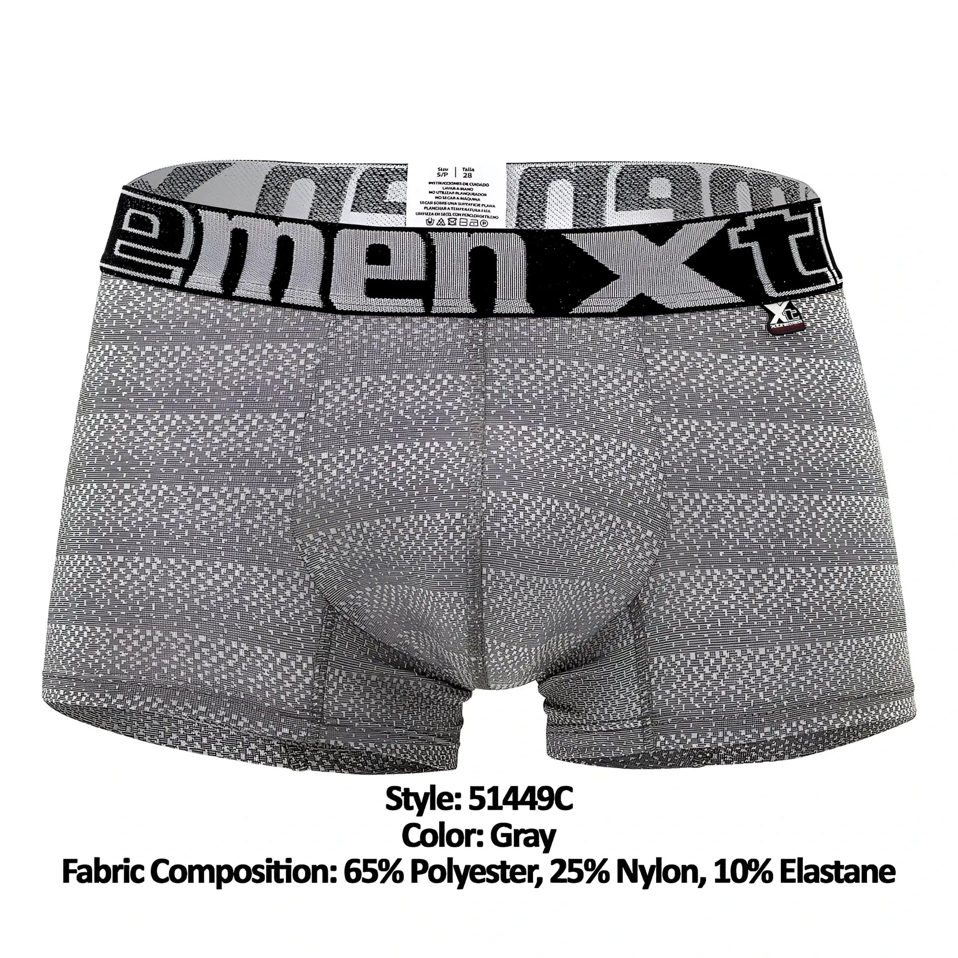 Gray xtremen 51449c geometric jacquard men’s boxer briefs with black and white patterned waistband and menxt logo