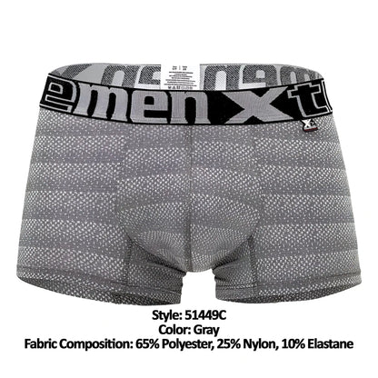 Gray xtremen 51449c geometric jacquard men’s boxer briefs with black and white patterned waistband and menxt logo