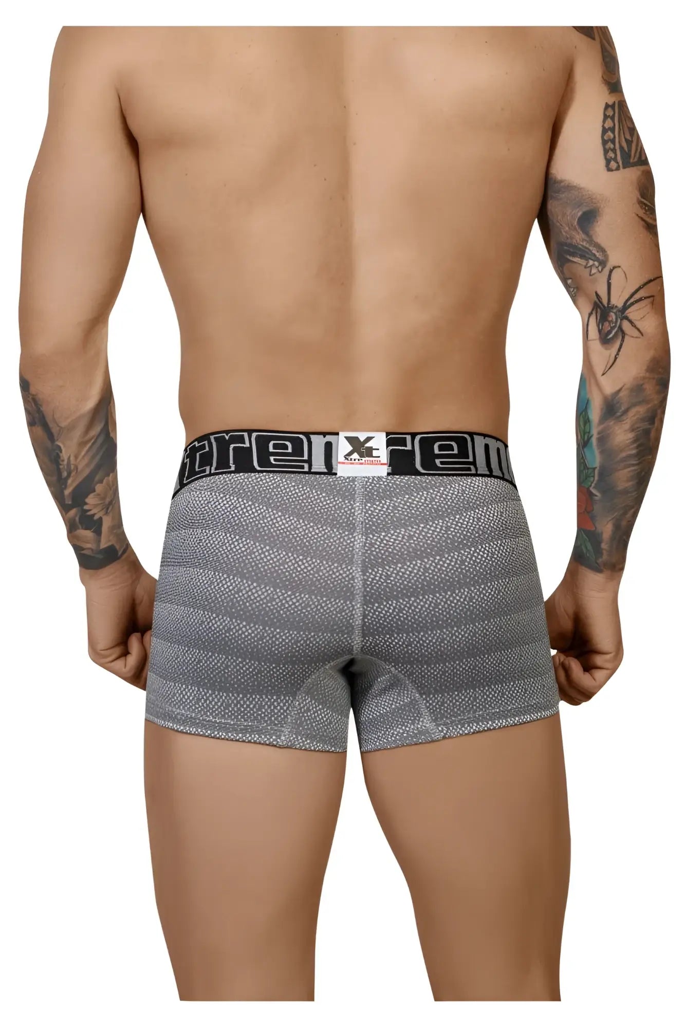 Gray patterned xtremen 51449c geometric jacquard boxer briefs with black elastic waistband and xtreme logo