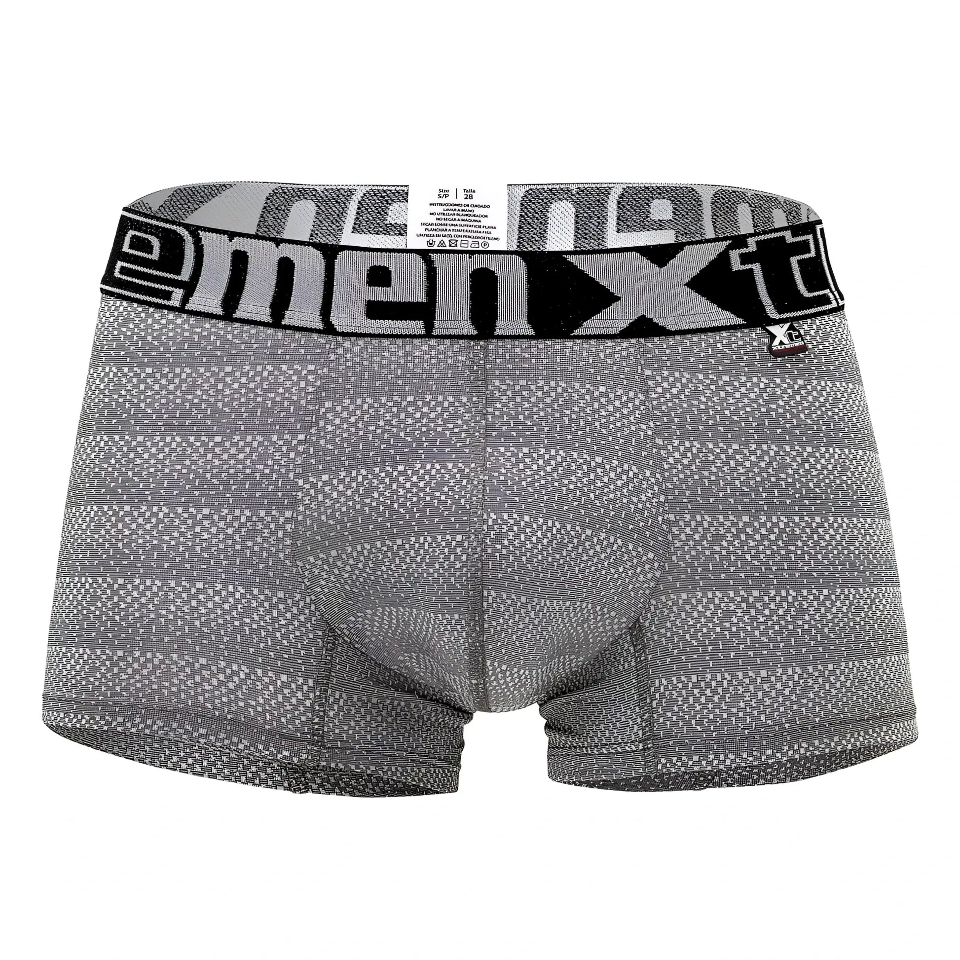 Gray geometric jacquard menxt boxer briefs with black elastic waistband for comfortable everyday wear