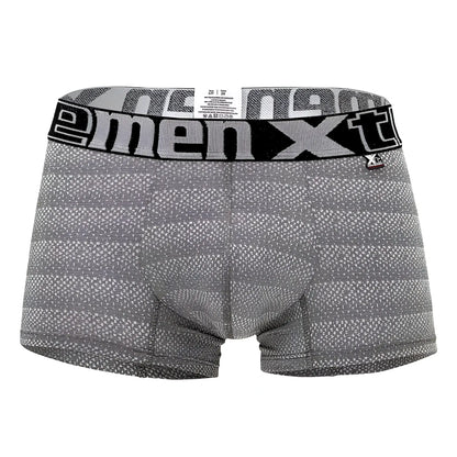 Gray geometric jacquard menxt boxer briefs with black elastic waistband for comfortable everyday wear