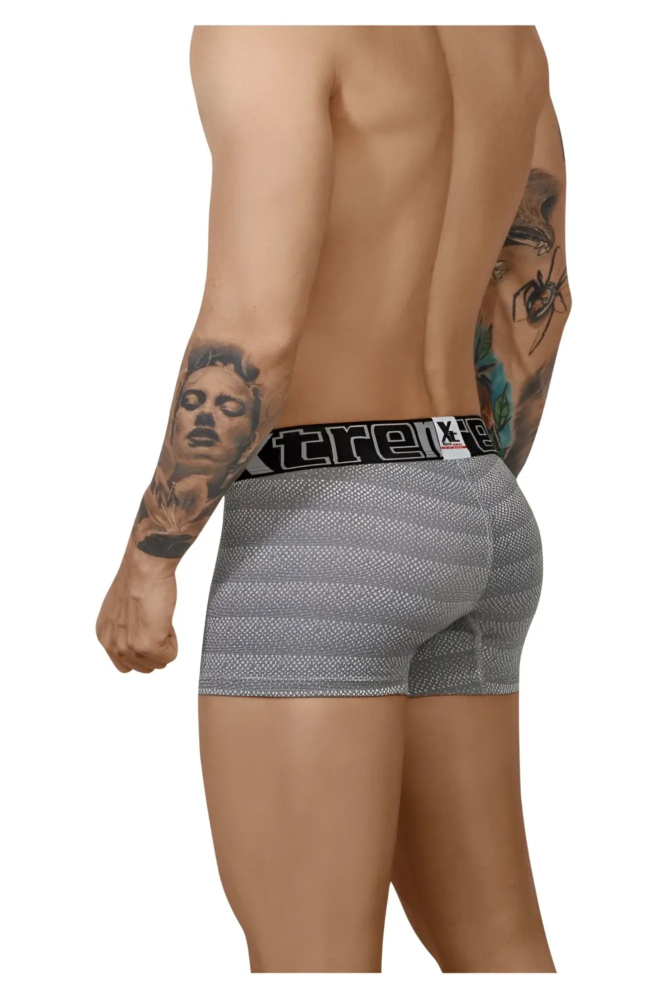 Gray xtremen 51449c geometric jacquard boxer briefs with black elastic waistband and xtreme brand logo