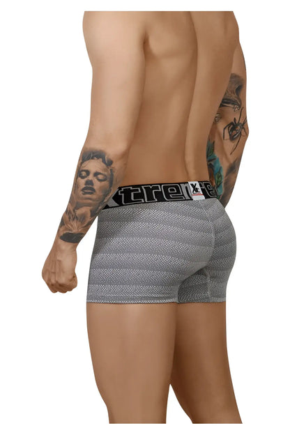 Gray xtremen 51449c geometric jacquard boxer briefs with black elastic waistband and xtreme brand logo