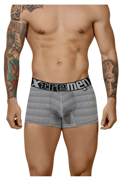 Gray striped men’s boxer briefs with black xtremen waistband featuring geometric jacquard pattern trunk