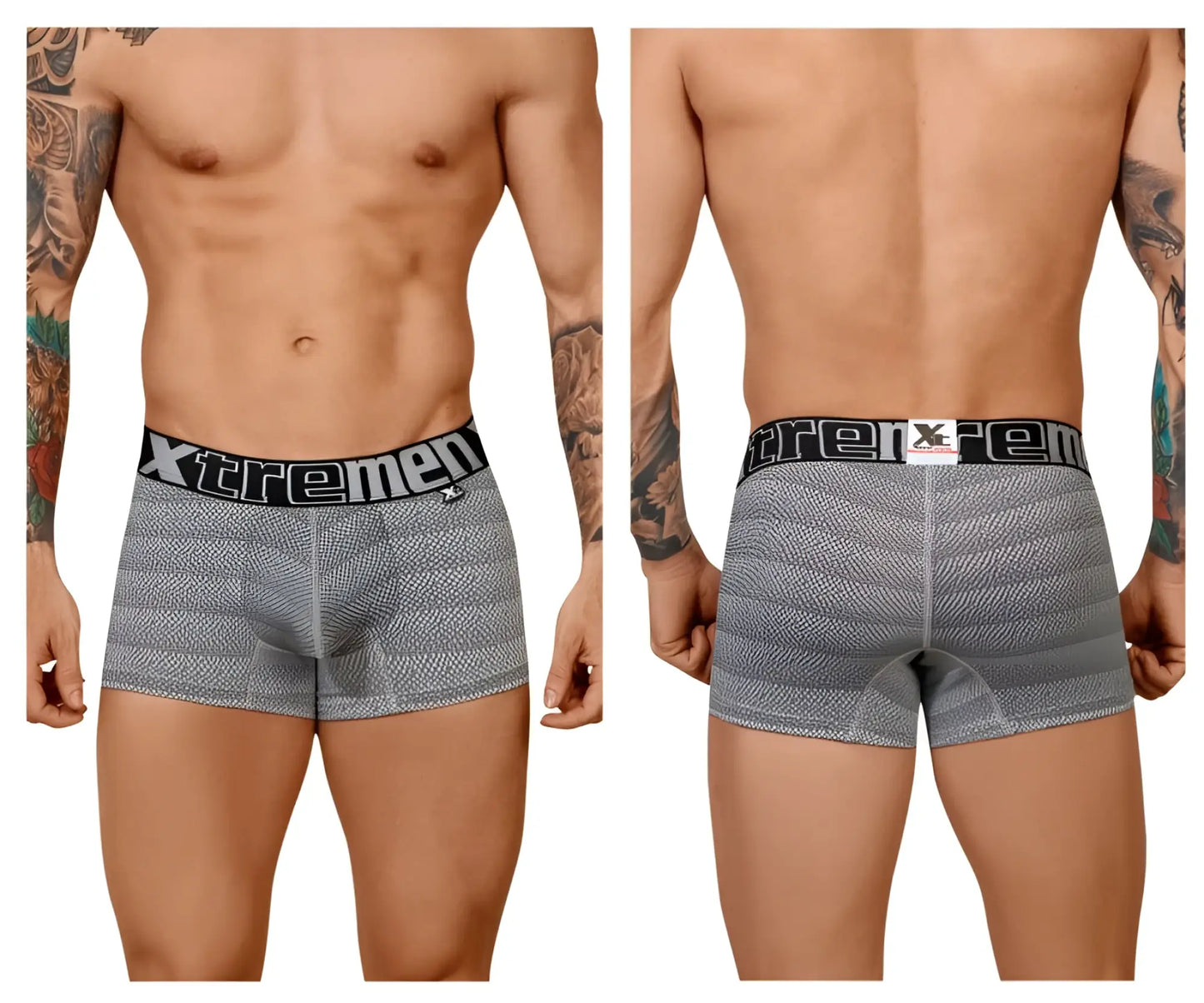 Gray striped men’s boxer briefs with black xtremen elastic waistband in geometric jacquard trunk style
