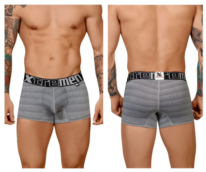 Gray striped men’s boxer briefs with black xtremen elastic waistband in geometric jacquard trunk style