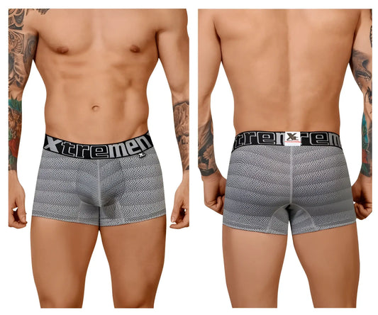 Gray striped men’s boxer briefs with black xtremen elastic waistband in geometric jacquard trunk style