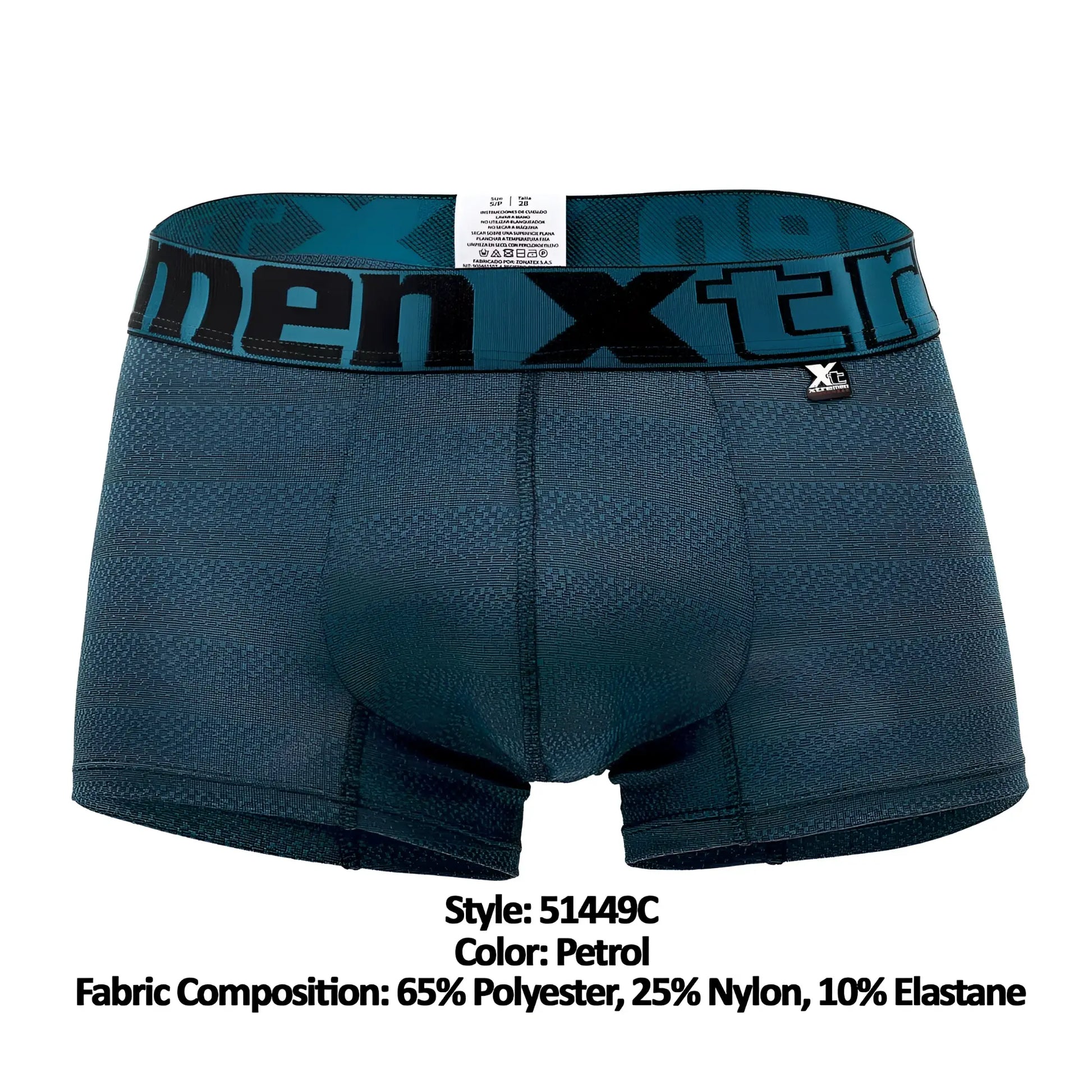 Petrol-colored men’s boxer briefs with textured geometric jacquard fabric and bold men x branding on the waistband