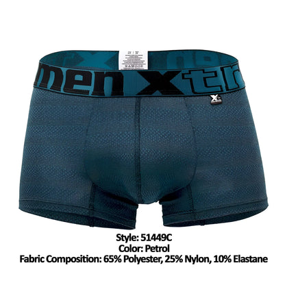 Petrol-colored men’s boxer briefs with textured geometric jacquard fabric and bold men x branding on the waistband