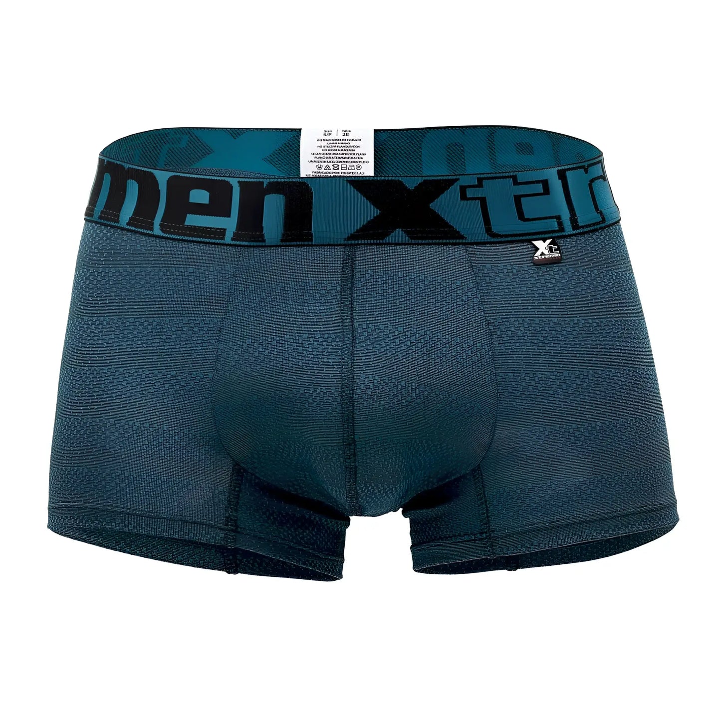 Dark teal menxtreme boxer briefs with textured geometric jacquard fabric and bold black branding on the waistband