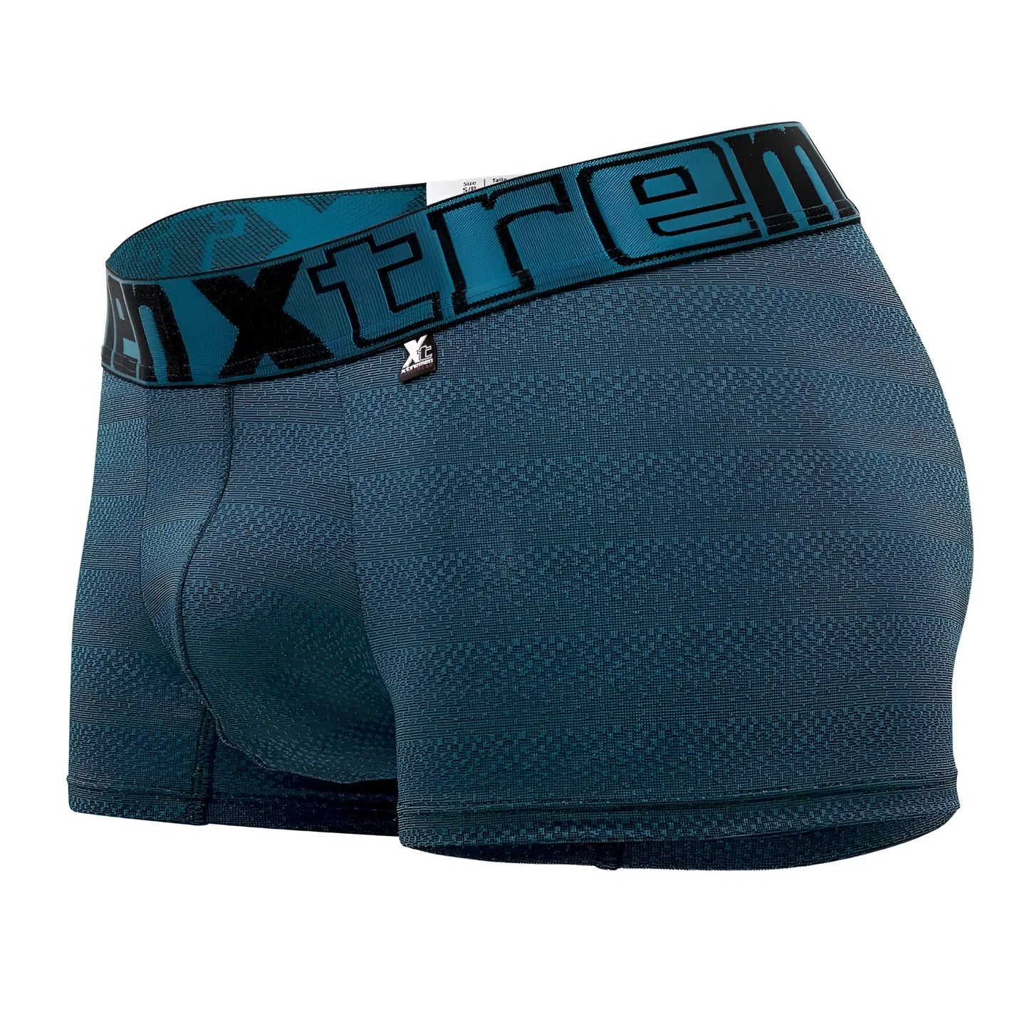 Teal textured boxer briefs with black and teal xtreme logo waistband featuring geometric jacquard pattern