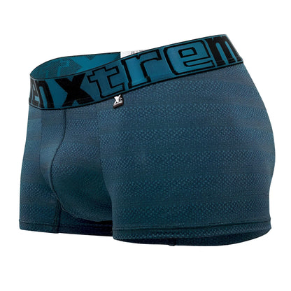 Teal textured boxer briefs with black and teal xtreme logo waistband featuring geometric jacquard pattern