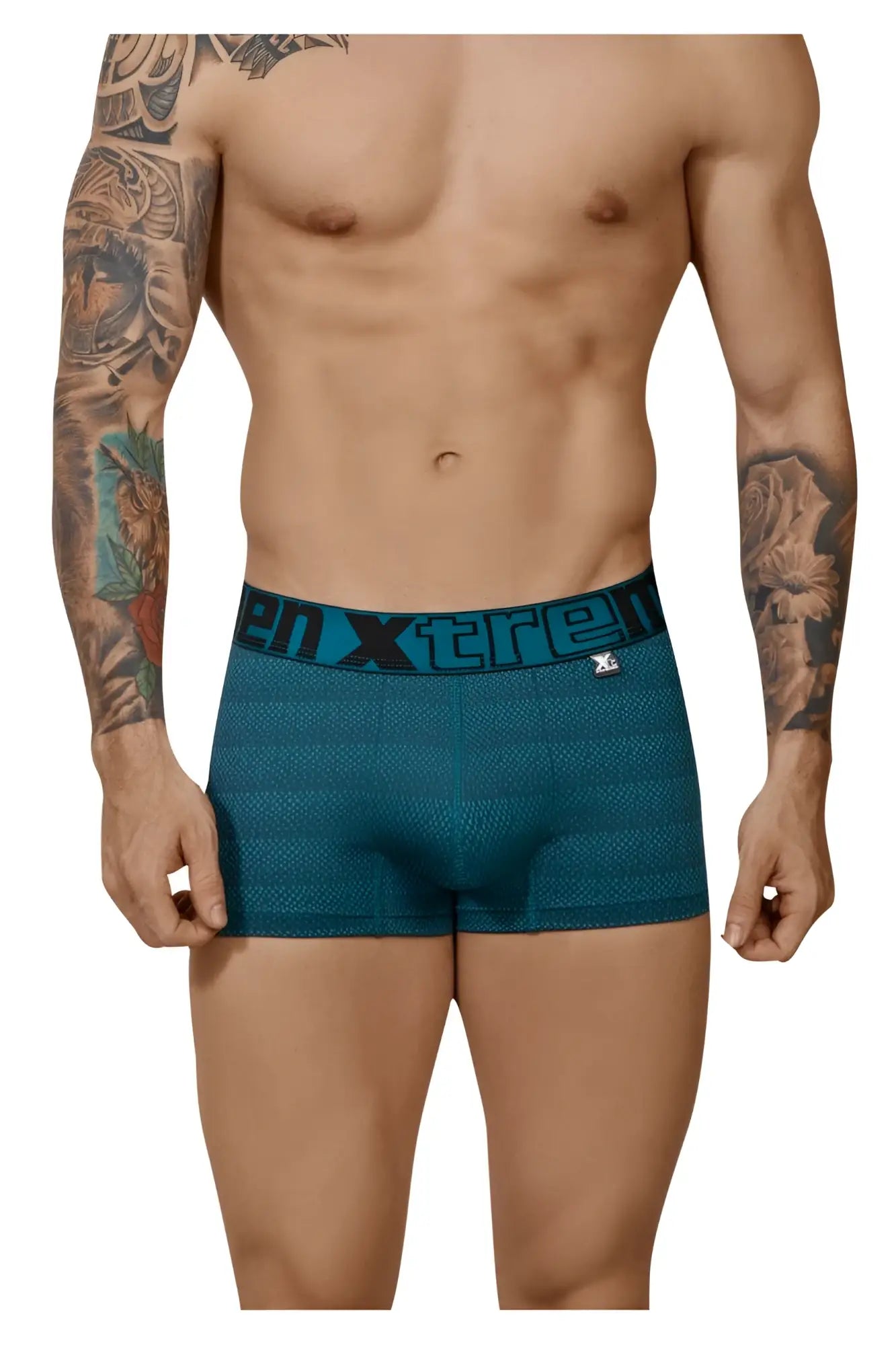 Teal textured boxer briefs with a black xtreme waistband featuring geometric jacquard fabric in petrol color