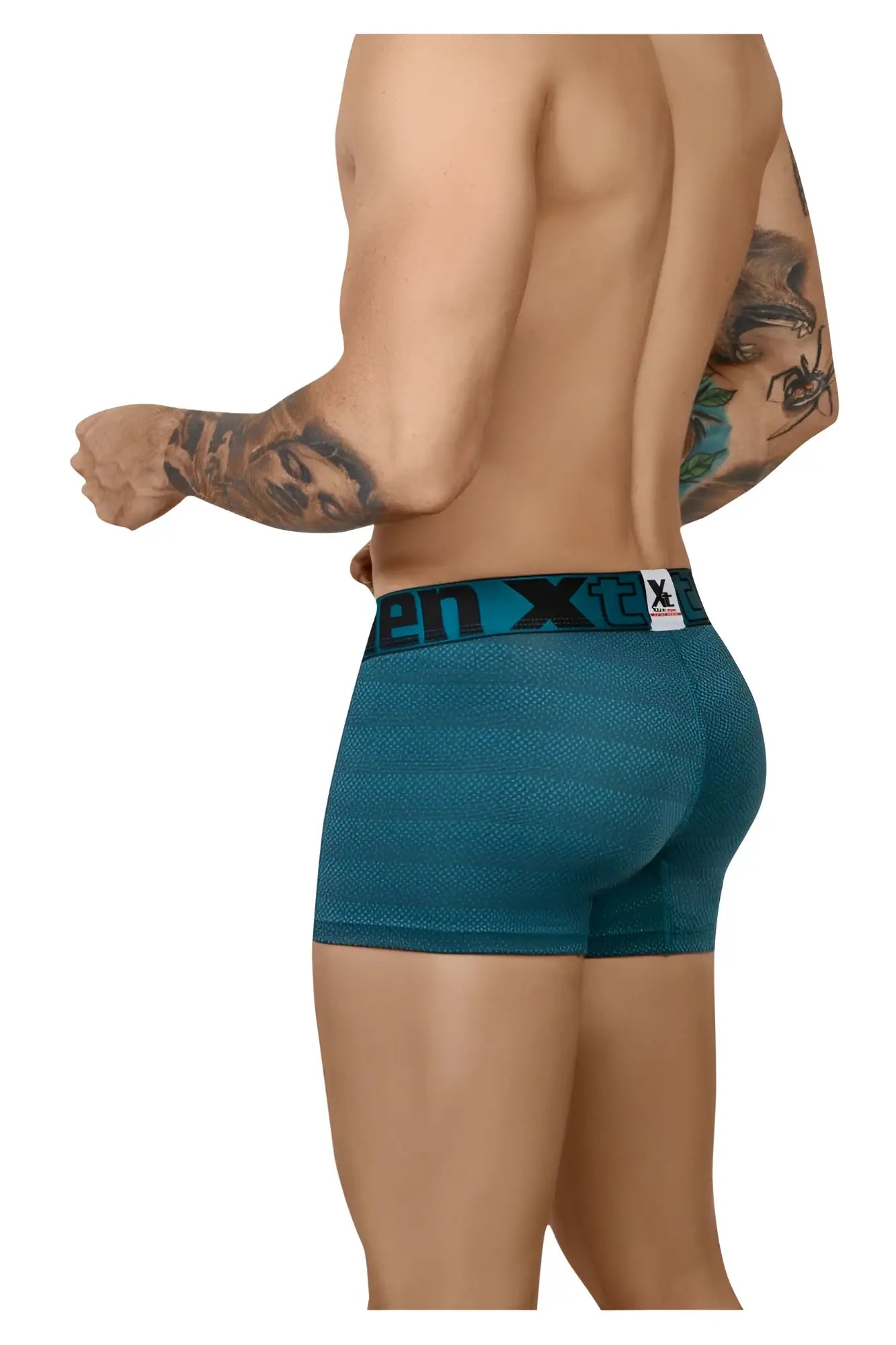 Teal textured men’s boxer briefs with black xtreme elastic waistband in geometric jacquard fabric color petrol