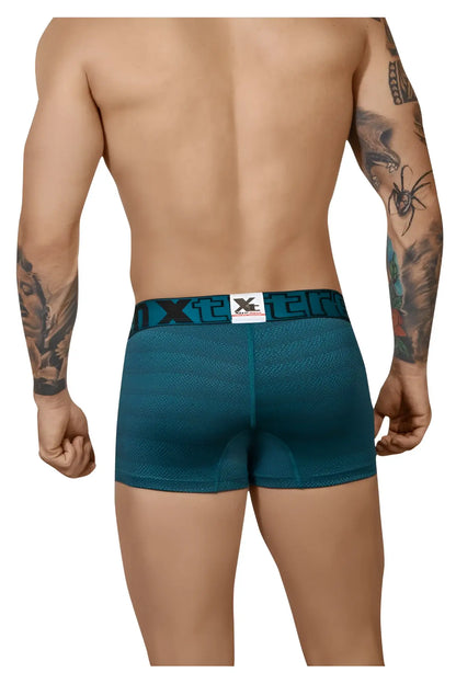 Teal textured men’s boxer briefs with black elastic waistband and x logo from Xtremen 51449C geometric jacquard trunk petrol
