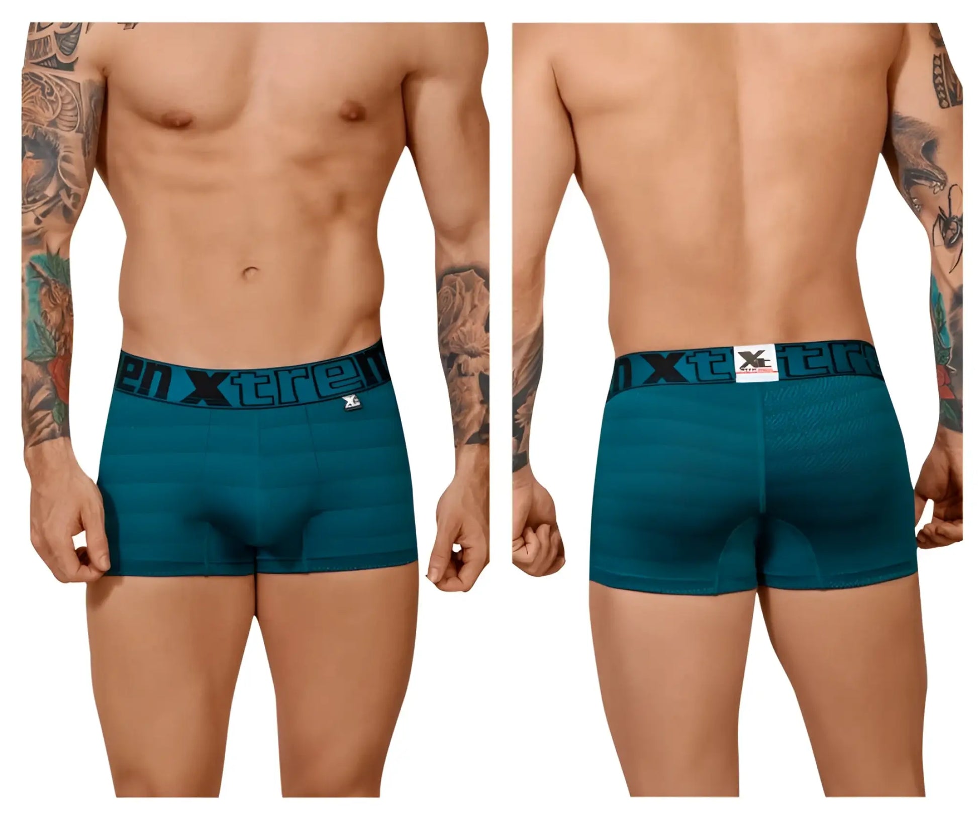 Teal textured mens boxer briefs with black xtreme branded waistband in geometric jacquard fabric color petrol