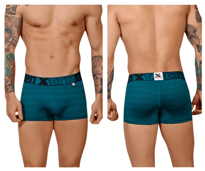 Teal textured mens boxer briefs with black xtreme branded waistband in geometric jacquard fabric color petrol